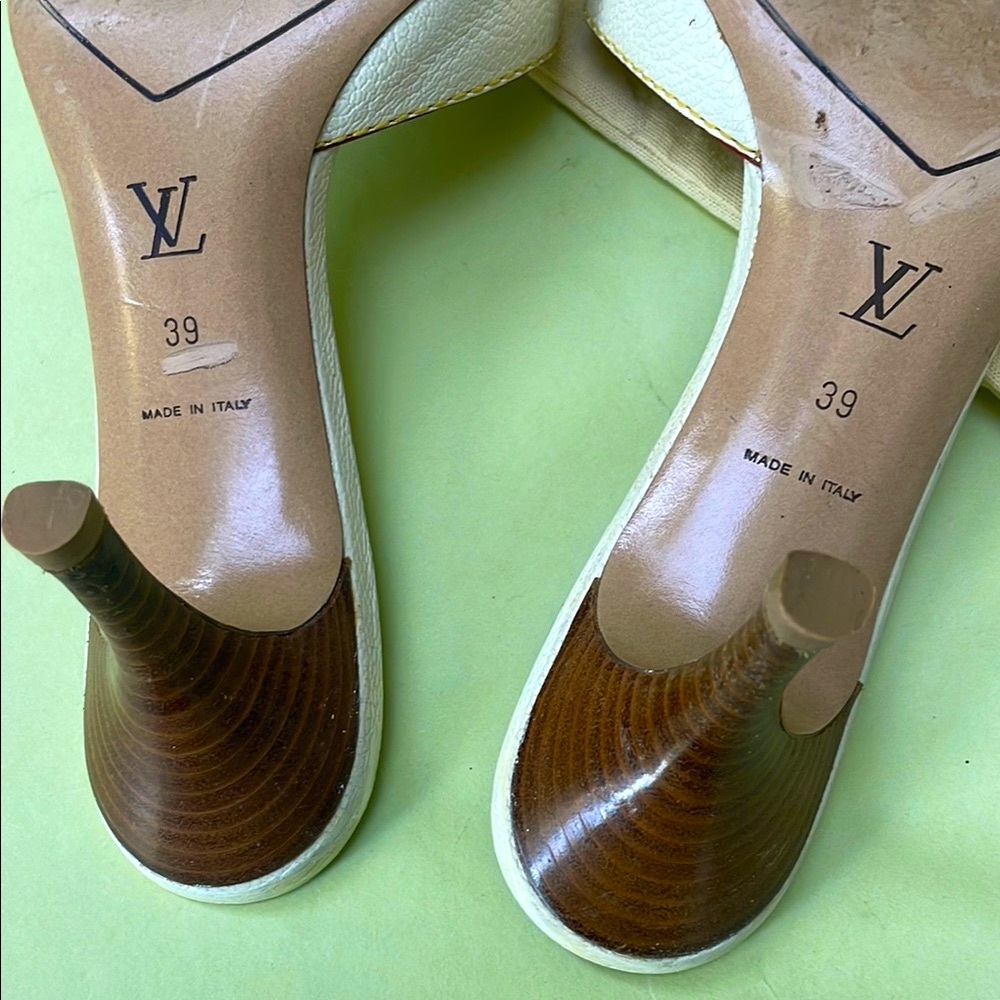 Vintage Louis Vuitton White Heels with Gold Studs and unique Hardware - Picture 9 of 10